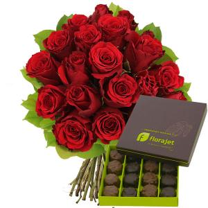 20 roses avec une boîte de chocolats